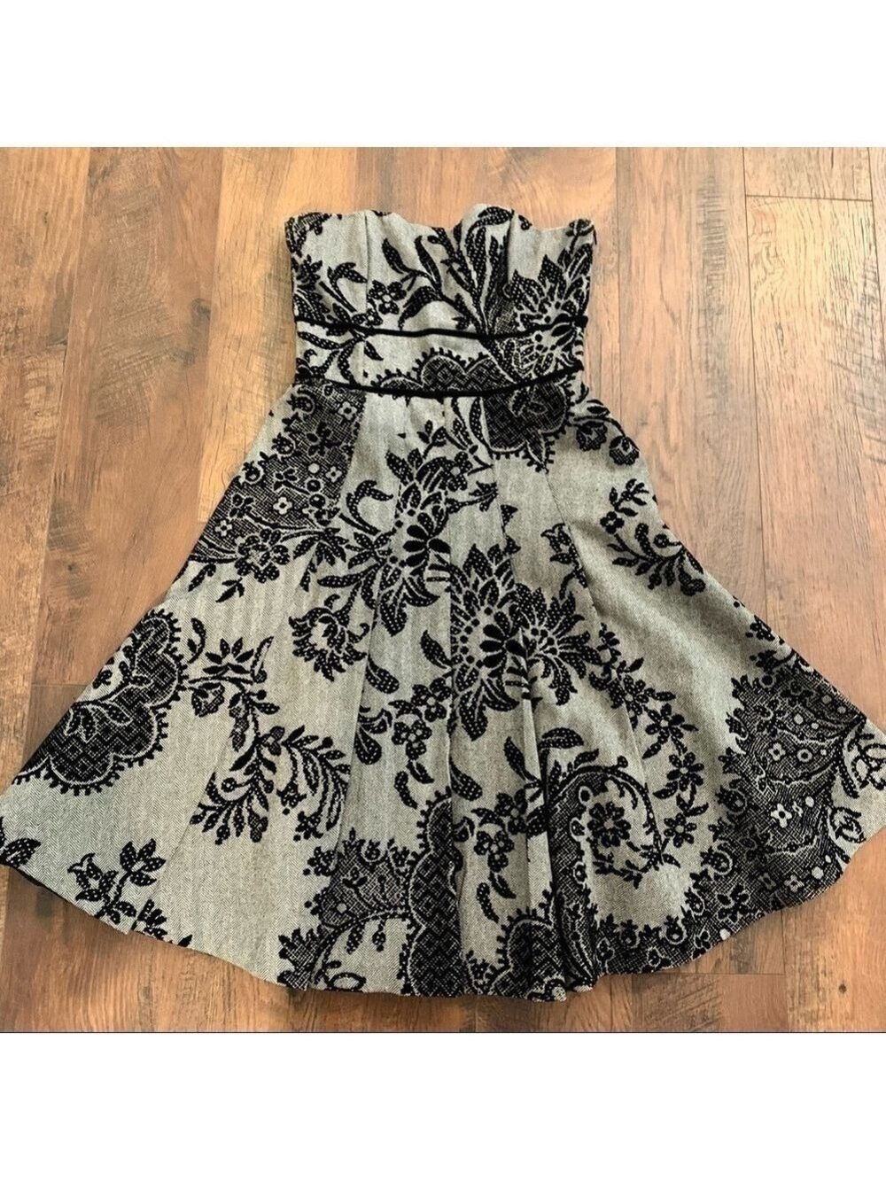 TIBI grey strapless dress with black floral pattern.  Size 4